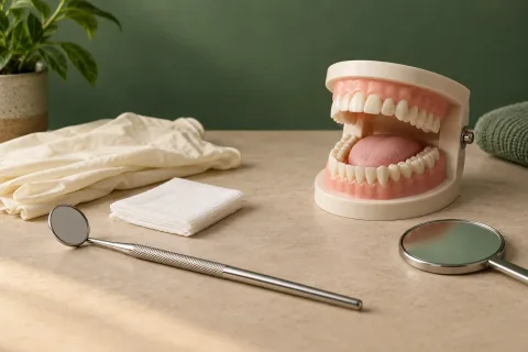 Odontologinis veidrodėlis, marlė, pirštinės ir burnos mokomasis modelis su liežuviu