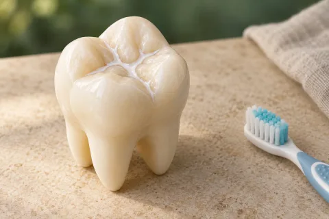 Krūminio danties mokomasis modelis su plona balta silanto linija vagelėse ir mažu dantų šepetėliu