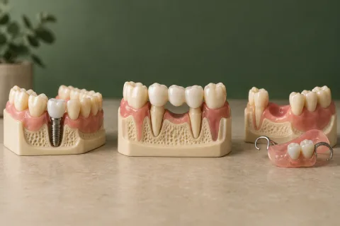 Mokomieji modeliai su danties implantu, trijų narių tiltu ir išimamu daliniu protezu