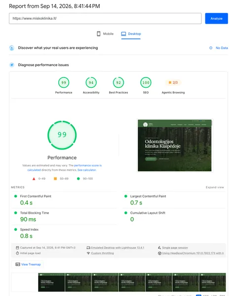 Miško klinikos svetainės „Google PageSpeed Insights“ ataskaita · Kompiuteris.
