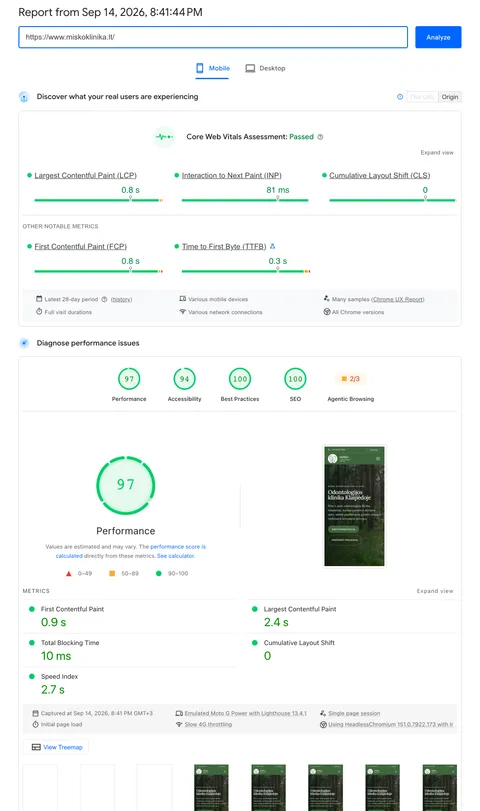 Miško klinikos svetainės „Google PageSpeed Insights“ ataskaita · Telefonas.