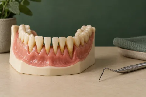 Žandikaulio mokomasis modelis su atsitraukusiomis dantenomis ir periodonto zondas