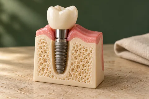 Mokomasis žandikaulio pjūvio modelis su kaule esančiu implantu, atrama ir vainikėliu