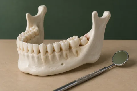 Apatinio žandikaulio mokomasis modelis su iš dalies išdygusiu protiniu dantimi ir odontologinis veidrodėlis