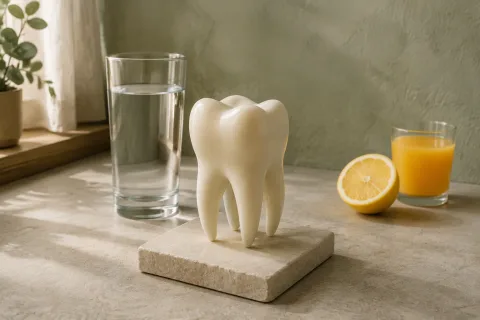 A dental teaching model, a glass of water and a citrus fruit placed separately.