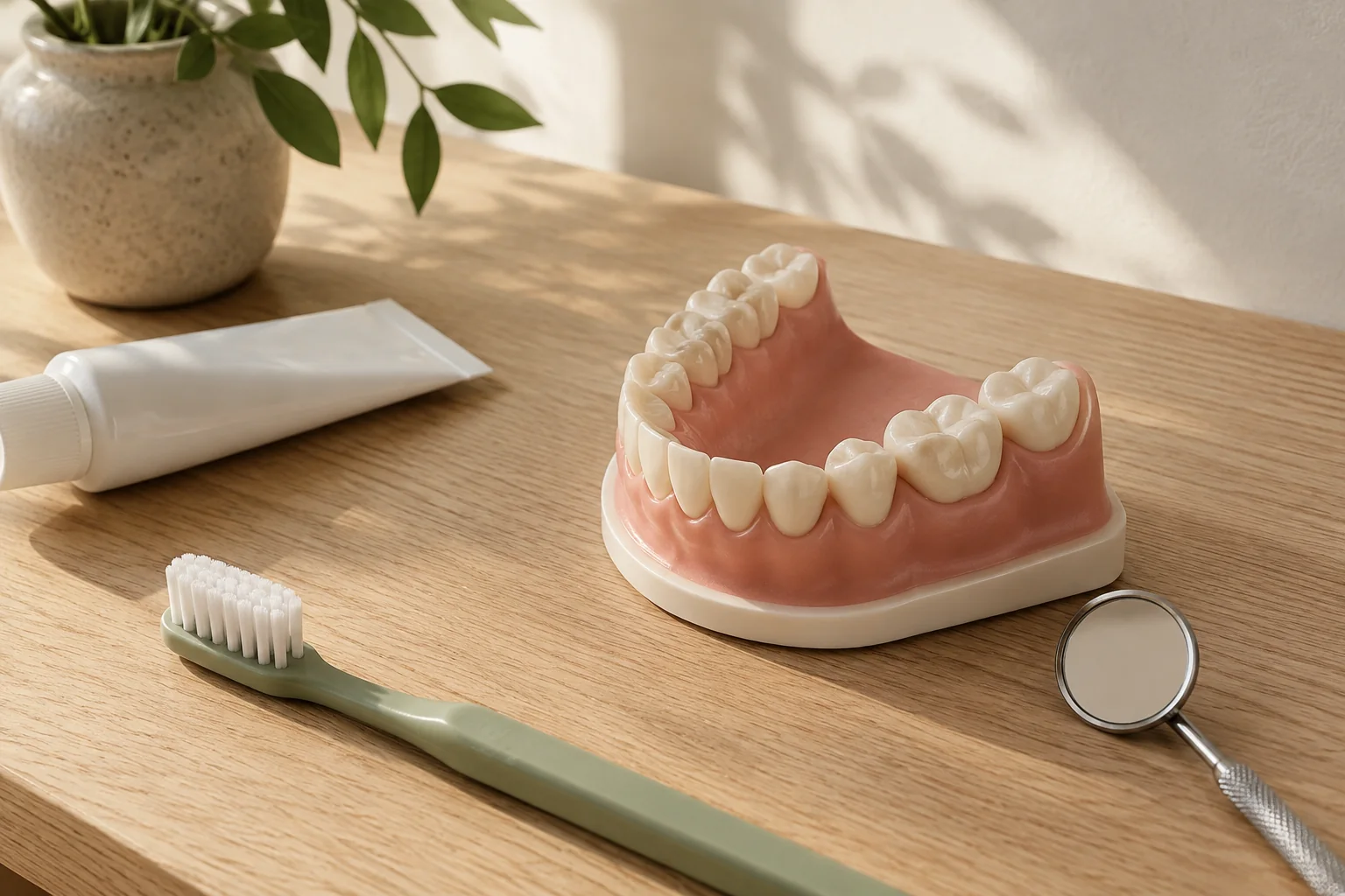 Mokomasis dantų modelis, odontologinis veidrodėlis ir minkštas dantų šepetėlis.