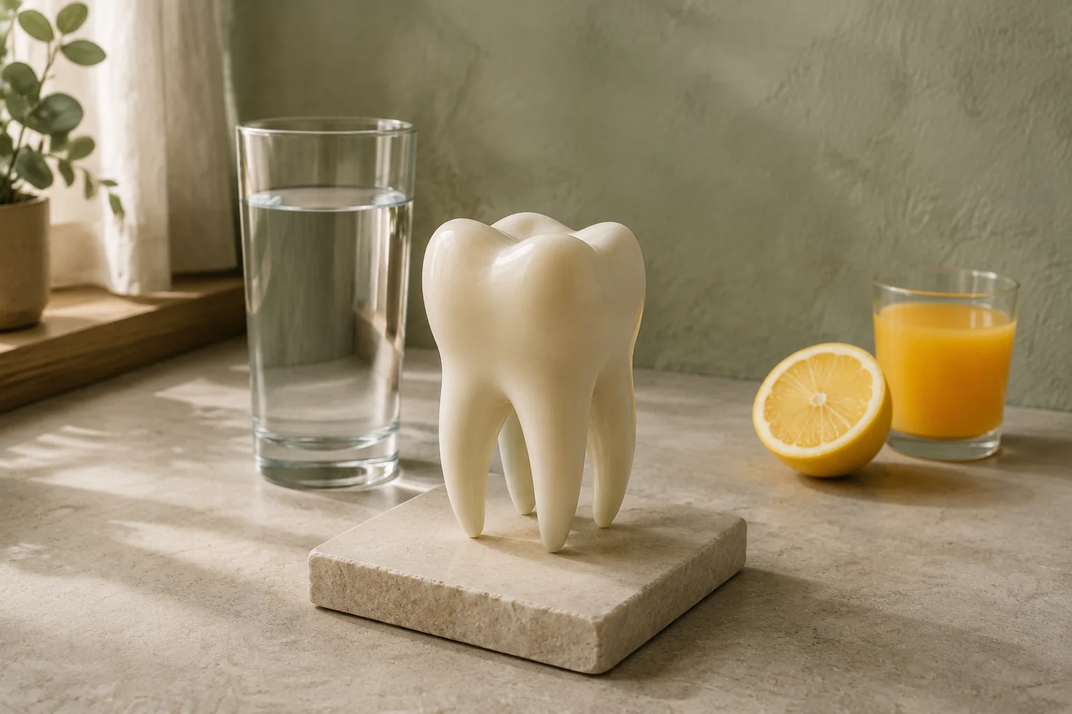 Danties mokomasis modelis, stiklinė vandens ir atskirai padėtas citrusinis vaisius.